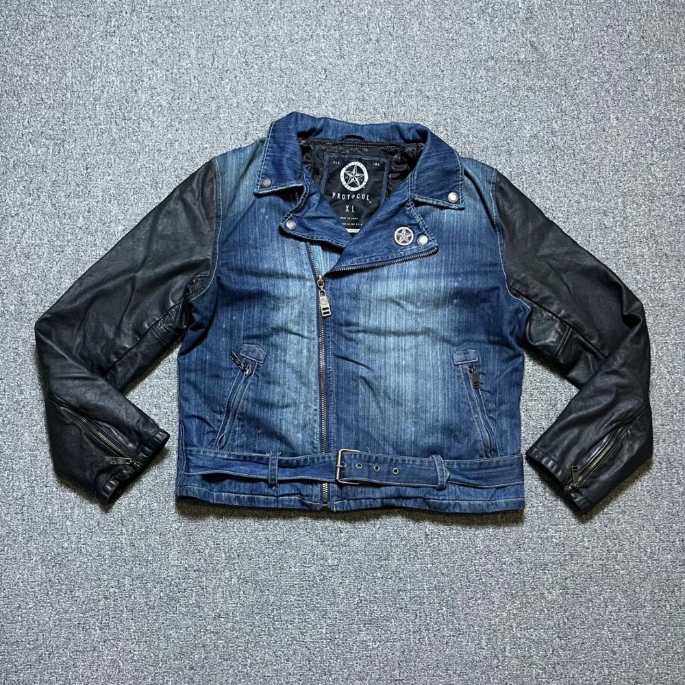 Protocol Motorcycle Jacket XL Blue Denim Black Leather Parish Nation Moto Biker‎